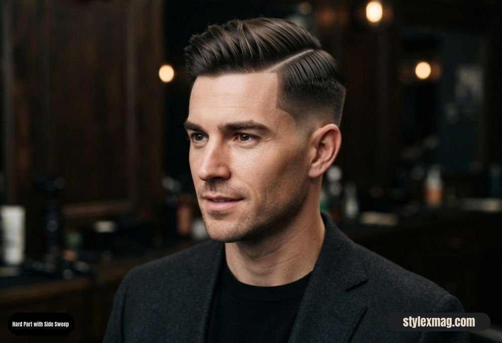 28 Best Round Face Shape Haircuts For Men to Look Sharp in 2026 18 Hard Part with Side Sweep