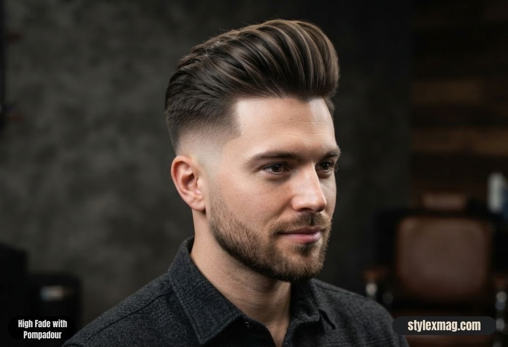 28 Best Round Face Shape Haircuts For Men to Look Sharp in 2026 2 High Fade with Pompadour