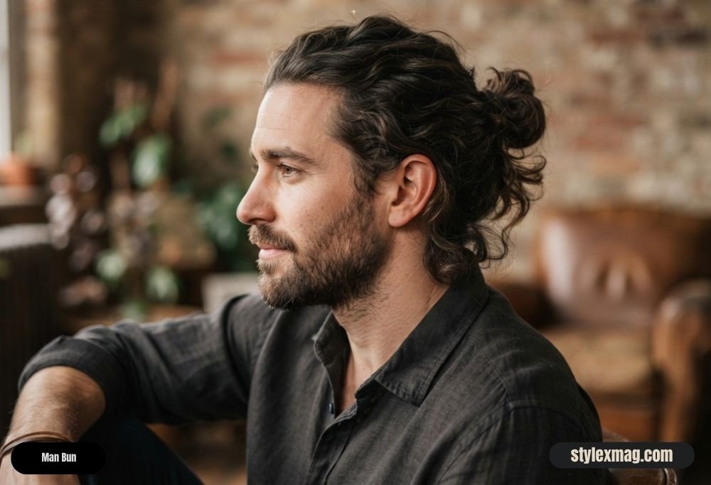 28 Best Round Face Shape Haircuts For Men to Look Sharp in 2026 22 Man Bun
