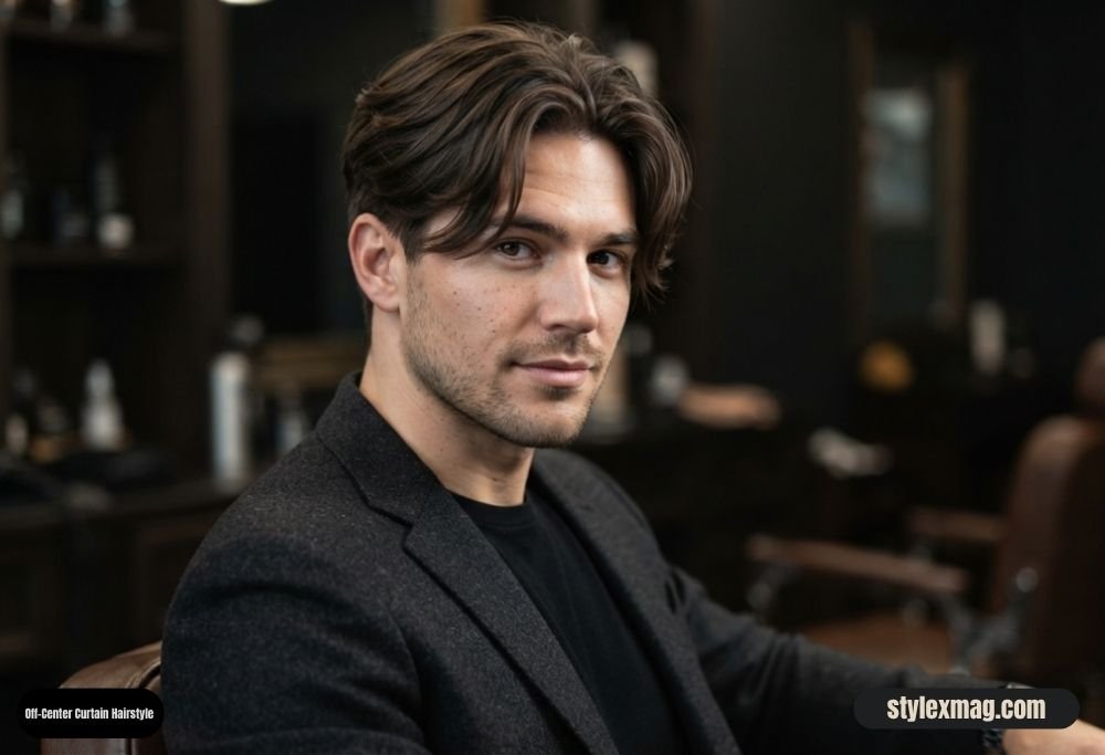 28 Best Round Face Shape Haircuts For Men to Look Sharp in 2026 13 Off-Center Curtain Hairstyle