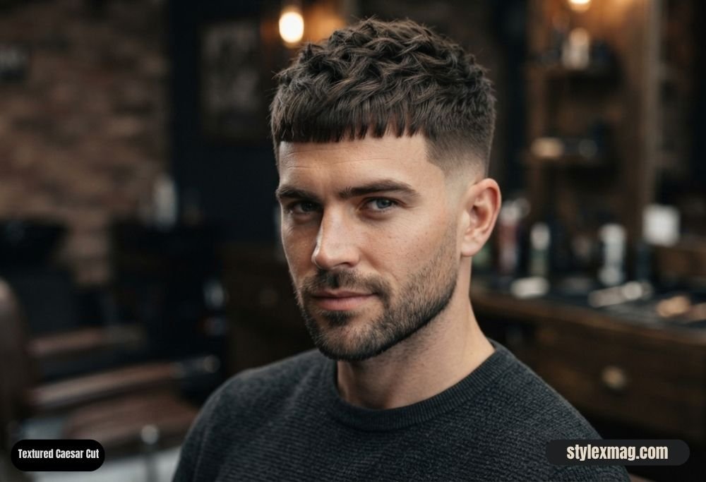 28 Best Round Face Shape Haircuts For Men to Look Sharp in 2026 9 Textured Caesar Cut