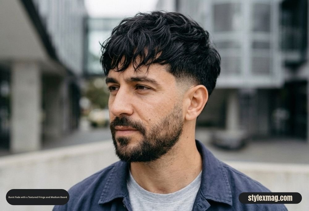 65 Best Fade Haircut with Beard Combos for Men in 2026 32 Burst Fade with a Textured Fringe and Medium Beard