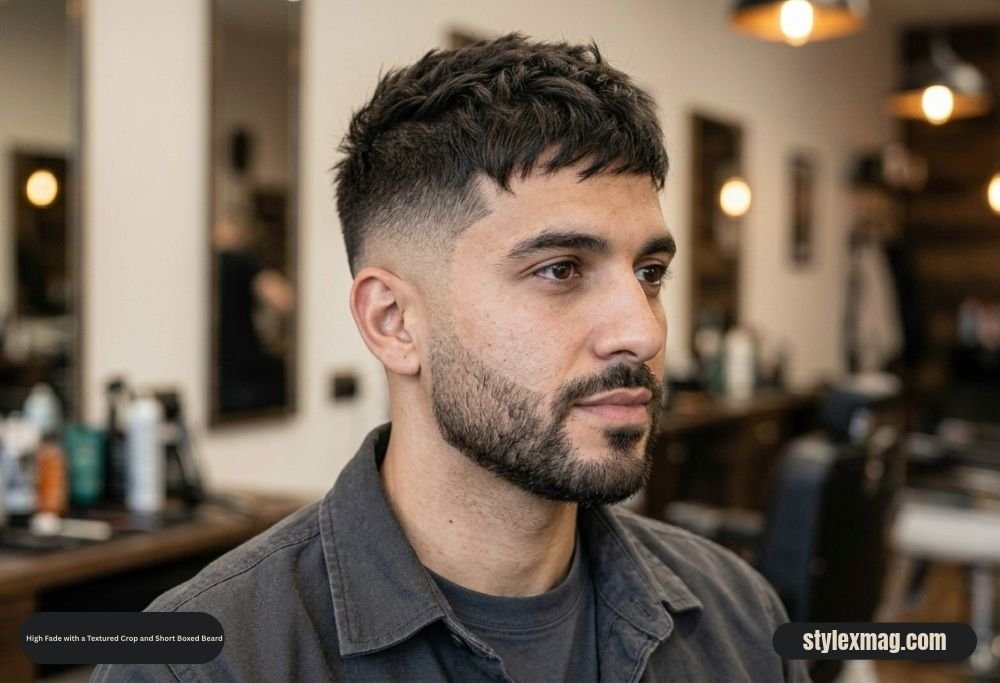 65 Best Fade Haircut with Beard Combos for Men in 2026 15 High Fade with a Textured Crop and Short Boxed Beard