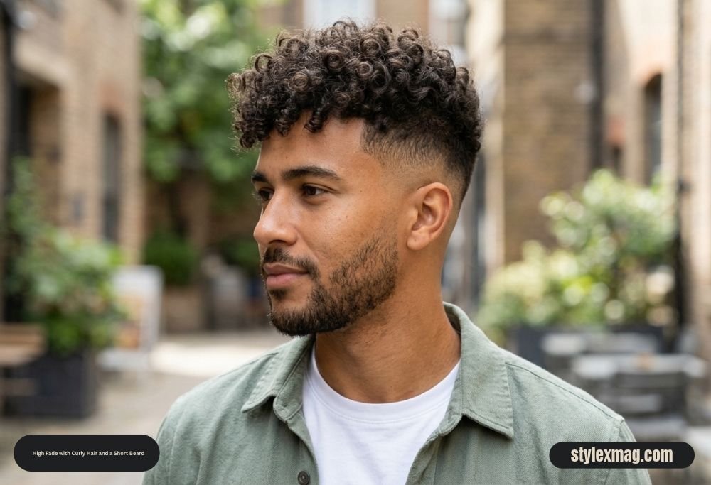 65 Best Fade Haircut with Beard Combos for Men in 2026 19 High Fade with Curly Hair and a Short Beard