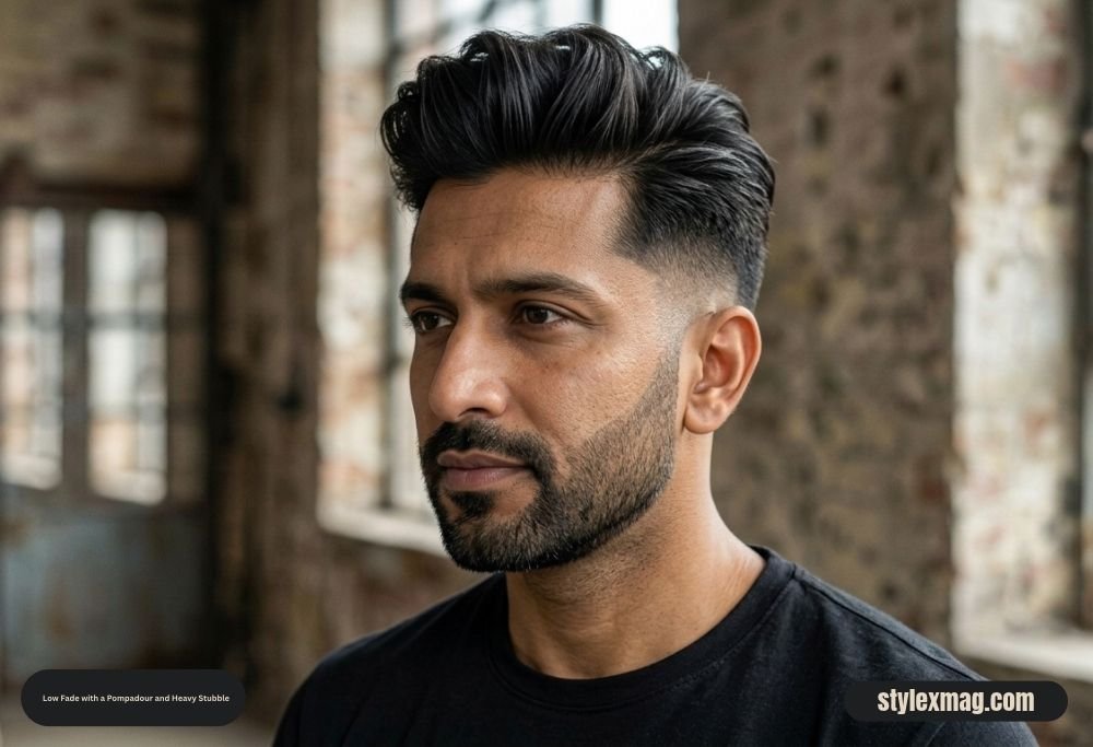 65 Best Fade Haircut with Beard Combos for Men in 2026 6 Low Fade with a Pompadour and Heavy Stubble