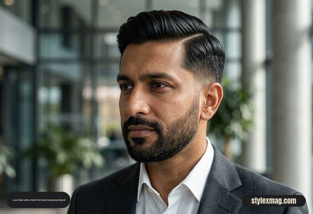 65 Best Fade Haircut with Beard Combos for Men in 2026 5 Low Fade with a Side Part and Corporate Beard