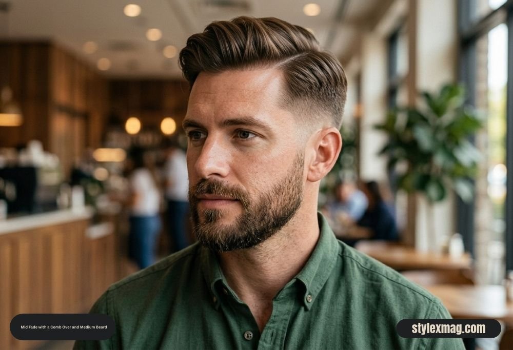 65 Best Fade Haircut with Beard Combos for Men in 2026 11 Mid Fade with a Comb Over and Medium Beard