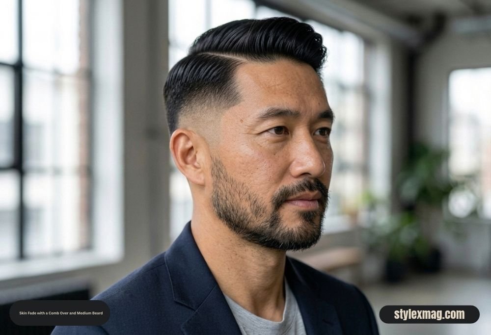 65 Best Fade Haircut with Beard Combos for Men in 2026 22 Skin Fade with a Comb Over and Medium Beard